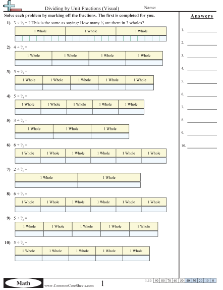 5.nf.7b Worksheets - Dividing By Unit Fractions (Visual) worksheet